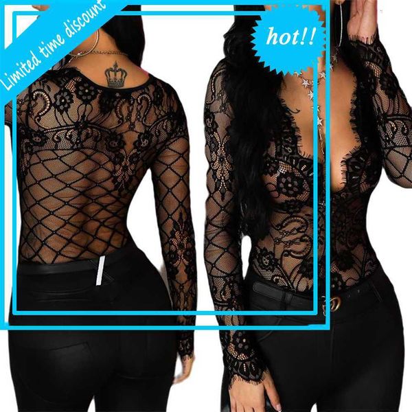 

womens black edge bodysuits transparent long mouths deep v-neck jumpsuit femme elegant 2021 new, White