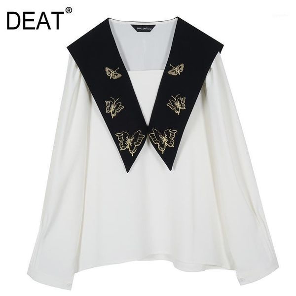 

deat] 2020 spring autumn new fashion tide puff sleeve v-neck splicing embroidery butterfly loose elegant women shirt 13a5441, White
