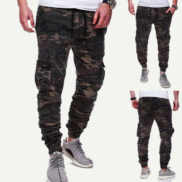 

nice men elasticated waist cargo combat trousers jogger work bottoms long pants camouflage pants fashion, Black