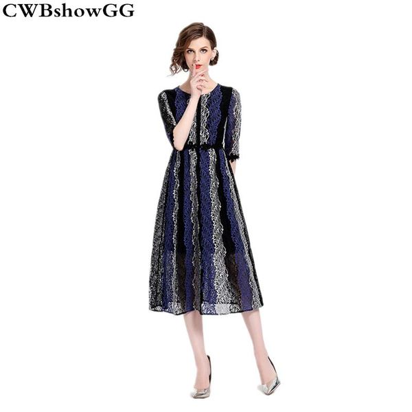 

2020 summer new arrival style women patchwork three quarter sleeve dress female o-neck slim temperament lace long striped dress, Black;gray