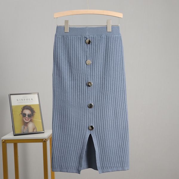 

2021 new women knitted spring autun button slim bodycon skirts elastic high waist pencil ribbed long midi skirt 0lpq, Black