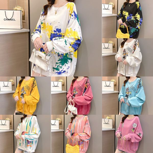 

large size women's autumn dress new women's dress korean sweater sweater multi print fat mm casual long sleeve crew neck dtuuc dtu, Black