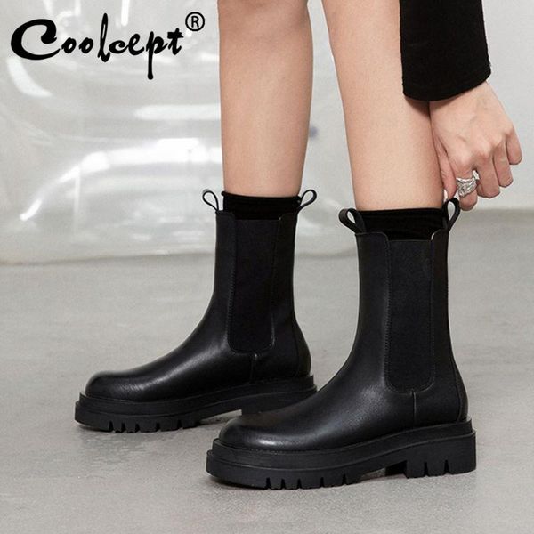 

coolcept женщины короткие сапоги мода платформа натуральной кожи теплые зимние ботинки женщина толстый каблук ботинка вскользь леди обуви ра, Black