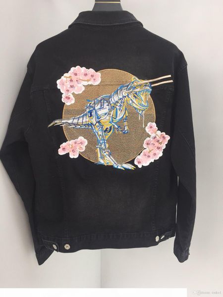 

men's jean jacket streetwear hip hop flight jacket denim dinosaur embroidery ripped denim casual fashion jacket, Black;brown