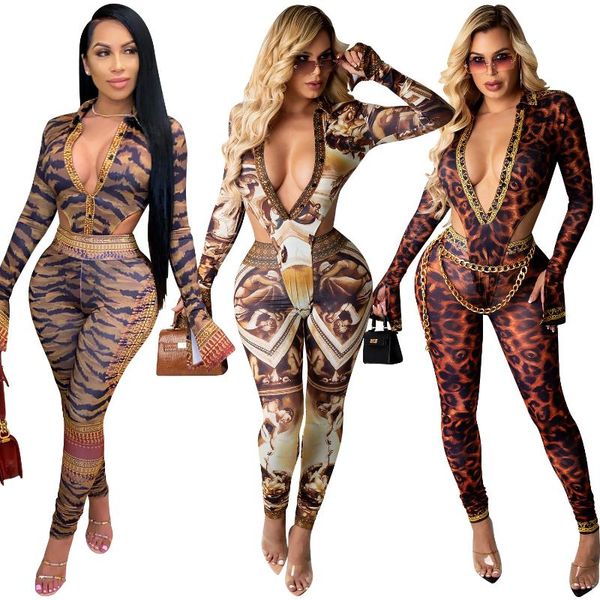 

zoctuo animal print two piece set autumn slit long sleeve women set outfits bodysuit long pencil pants tracksuit, Gray