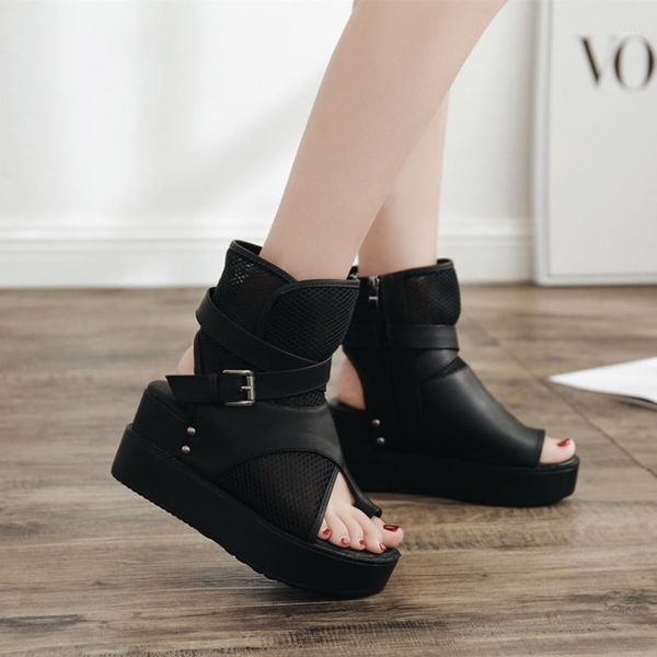 

mature open toe flat with platform sandals women high front rear strap ladies shoes buckle strap basic sandals1, Black
