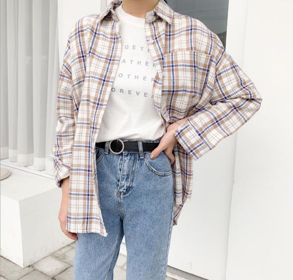 

2021 spring big size women's plaid shirt young girl ar22, White