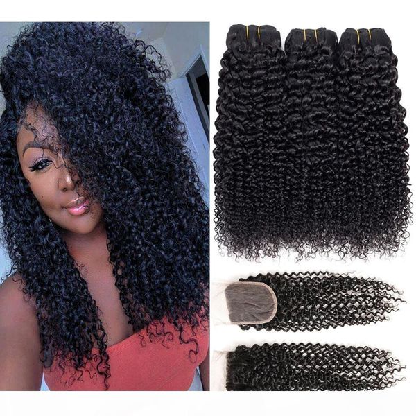 

8a indian curly hair 3 bundles with closure unprocessed malaysian brazilian peruvian kinky curly human hair weave bundles with closure, Black
