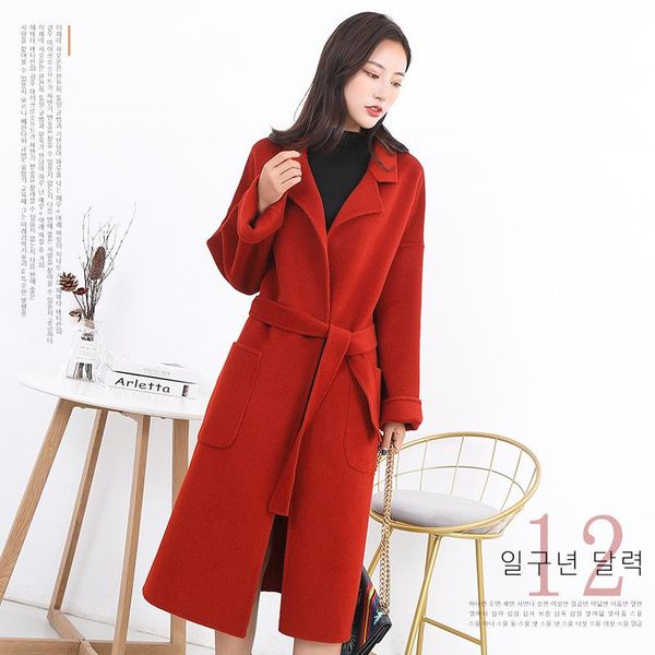 

women's wool & blends 2021 double faced cashmere overcoat middle long woolen, Black