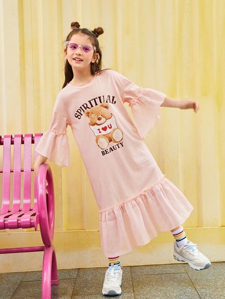 

girls cartoon and letter graphic ruffle trim smock dress she, Red;yellow