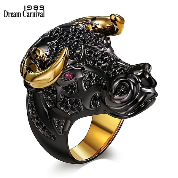 

dreamcarnival 1989 коренастый black bull с golden color horns punk hip hop cz большое кольцо для мужской мужчины женщины street fashion sr23, Silver