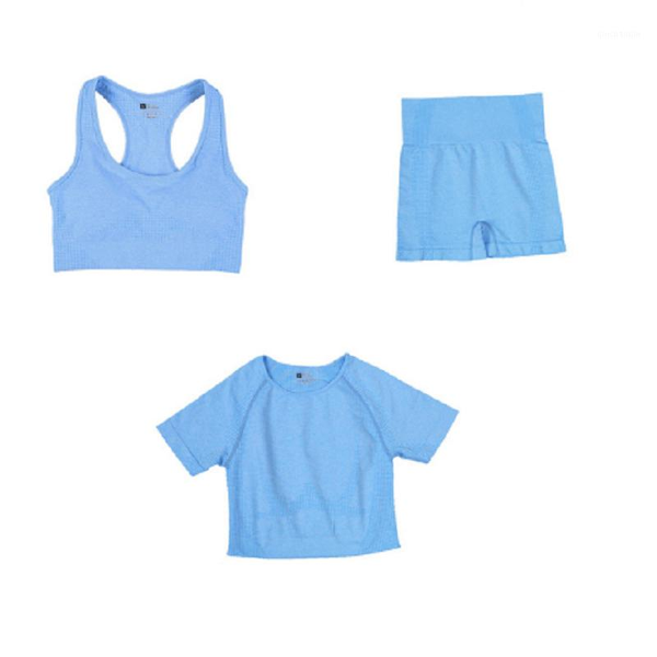 

yoga outfits 3pcs/set seamless set women gym workout clothes sports bra+short sleeve fitness crop high waist shorts suits1, White;red