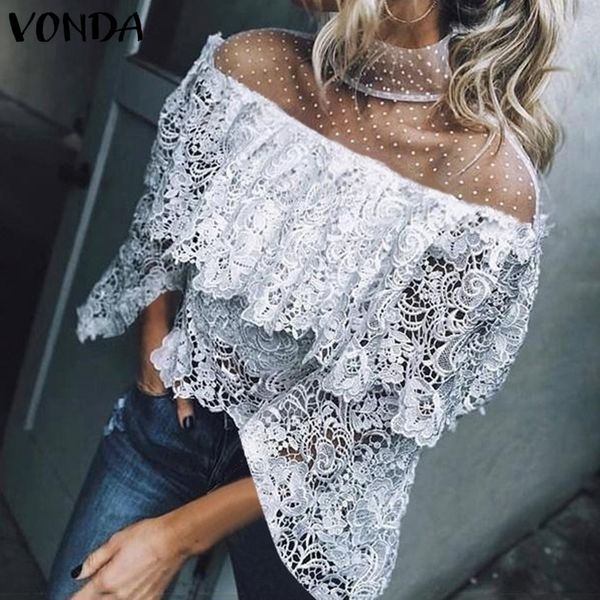 

vonda fashion for women summer lace blouse shirt female crochet off shoulder shirt casual loose blusas plus size y200622, White