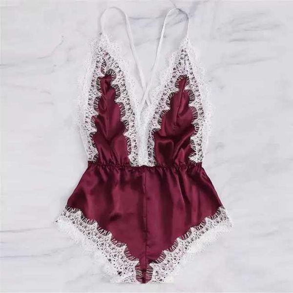 

3pieces/lotlingerie women sleepwear satin lace v-neck bodysuit backless jumpsuit sleepwear pajamas lingerie, Black;red