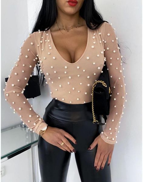 

beading mesh see through low cut women blouse 2021 autumn fashion and shirt round neck skinny long sleeve women shirt1, White