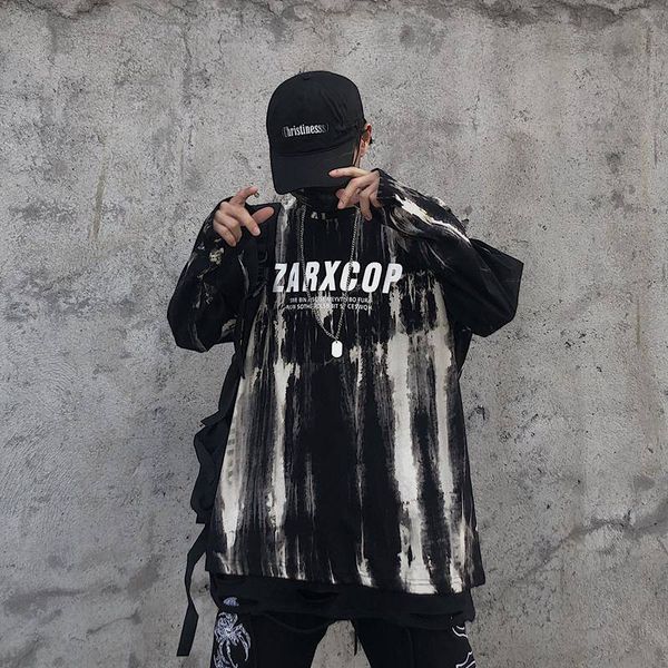 

cool tie dye tshirt streetwear men hip hop oversized loose pullover long sleeve casual tees spring fashion kg-255, White;black