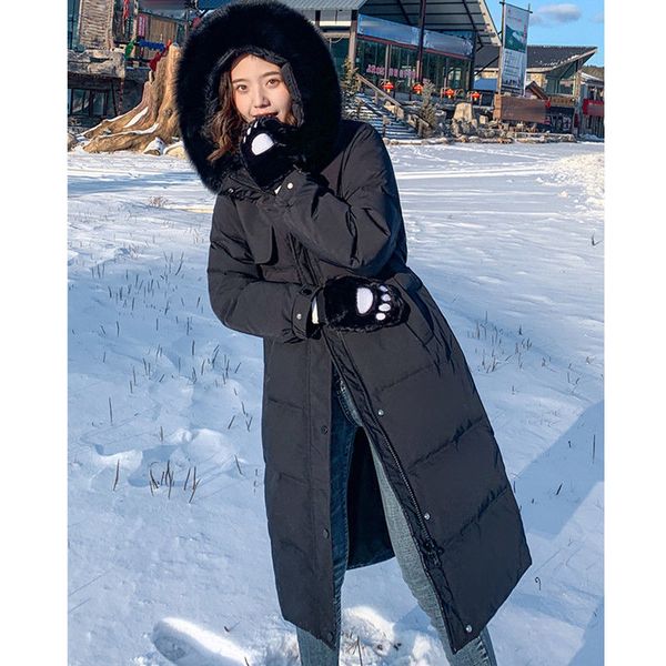 

2020 winter new jacket women's mid-length waist fashion white duck down over the knee thick coat, Black