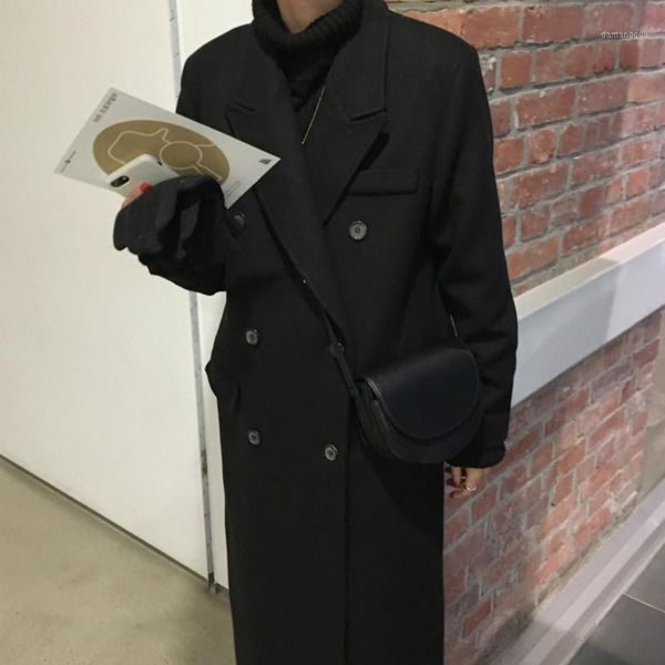 

women winter black long wool coat double breasted vintage jacket long woolen overcoat quilted straight outwear with pocket1