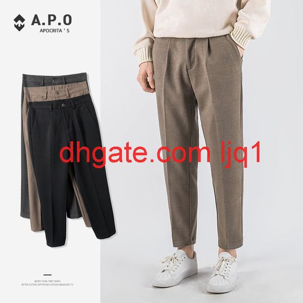 

men's tweed pants loose straight men's pants autumn and winter casual pants korean fashion versatile youth capris, Black