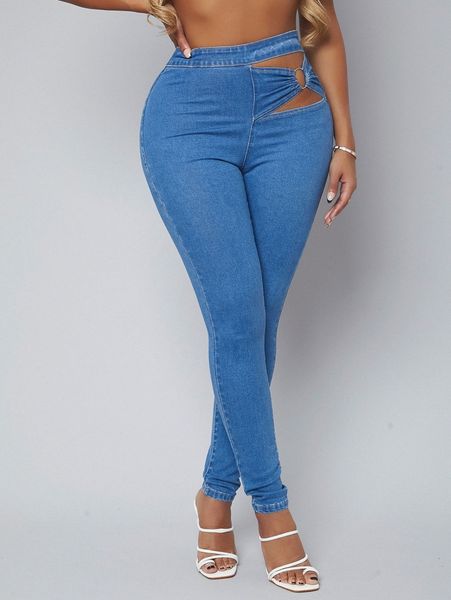 

sxy high waist cut out ring skinny jeans k9hl#, Blue