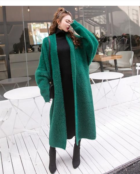 

synthetic mink cashmere sweater cardigan women korean winter coat batwing sleeve knitted long cardigan thick plus size sweaters, Black