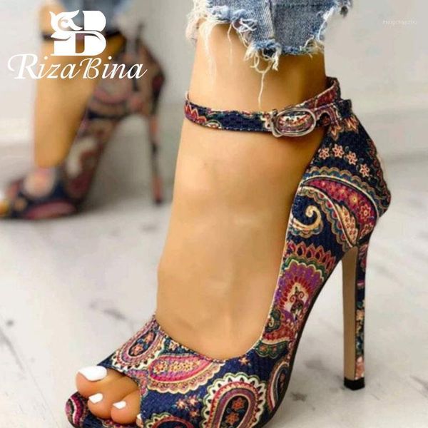 

sandals rizabina for women stiletto heel peep toe buckle strap floral embroidery shoes ethic style footwear size 30-441, Black