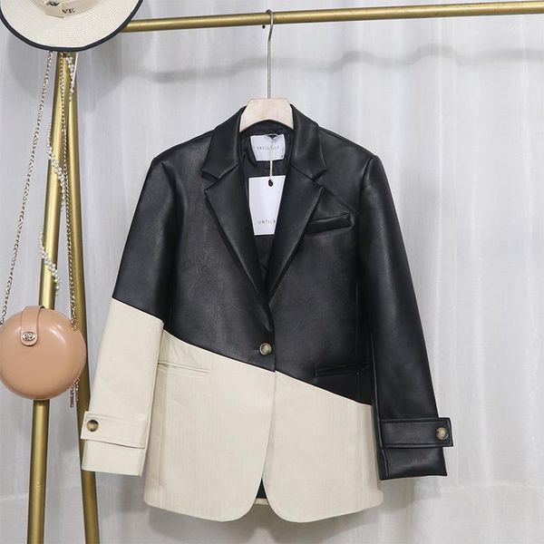 

patchwork pu leather ladies jacket jacket lapel collar long sleeve loose hit color women casual 2021 women1, Black
