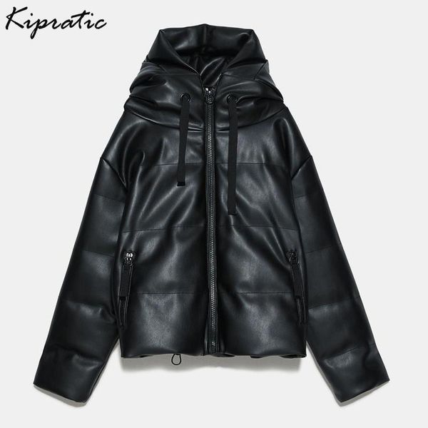 

women's leather & faux fashion winter hooded jacket coat women cotton-padded parkas european clothing zipper thicker warm bread, Black