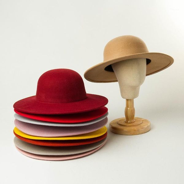 Geniş Memlu Şapkalar Sonbahar Kış Çocukları Fedora Şapkası Çocuklar Disket Güneş Kapağı Vintage Yün Kuşak Yuvarlak Top ZZ-3901