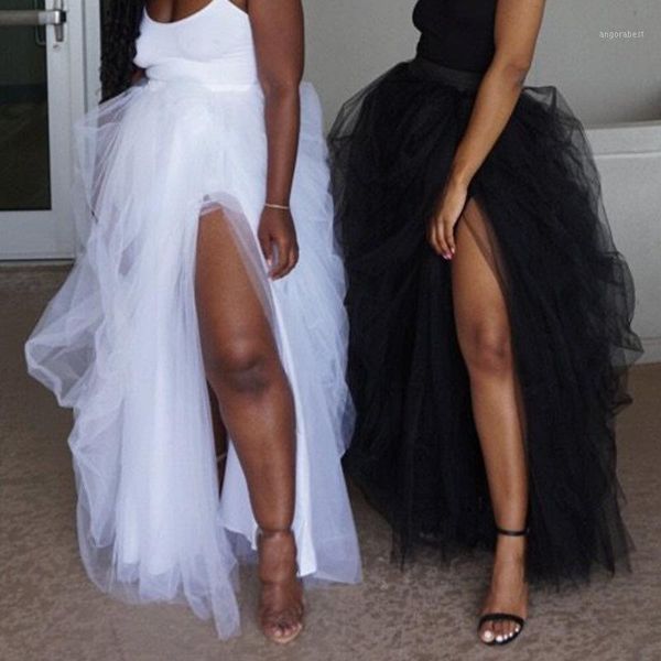 

high waist fashion women maxi tulle skirt elastic floor jupes front slit asymmetrical ladies party tutu skirt faldas mujer saia1, Black