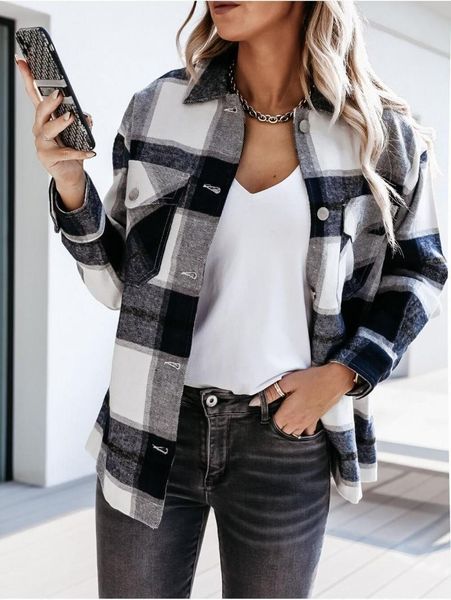

women's jackets autuam green plaid jacket coat women streetwear long leeve single-breasted loose outerwear fashion oversized pocket shi, Black;brown