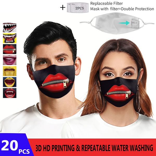 

character mask 3d hd printing big mouth pattem design adults reusable 5 layers filters protective pm2.5 washab