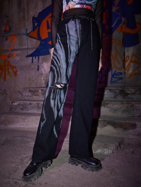 

romwe allover print ripped jeans 29pq#, Blue