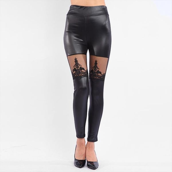 

2020 ladies gothic lace leggings girl evening punk lolita floral mesh and fake leather pants high elastic slimwork pants, Black