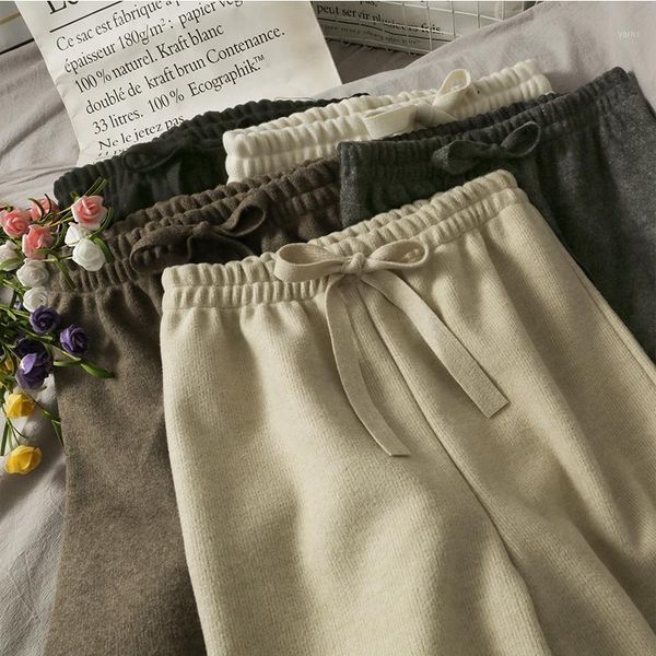 

autumn bow tie high waist loose drape straight-leg knitted pants women's winter slim wild woolen wide-leg pants trousers1, Black;white