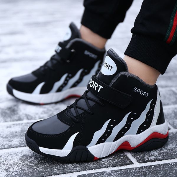 

brand sneakers kids sport high outdoor waterproof girls running shoes boys basket sneaker fur autumn winter warm footwear, Black