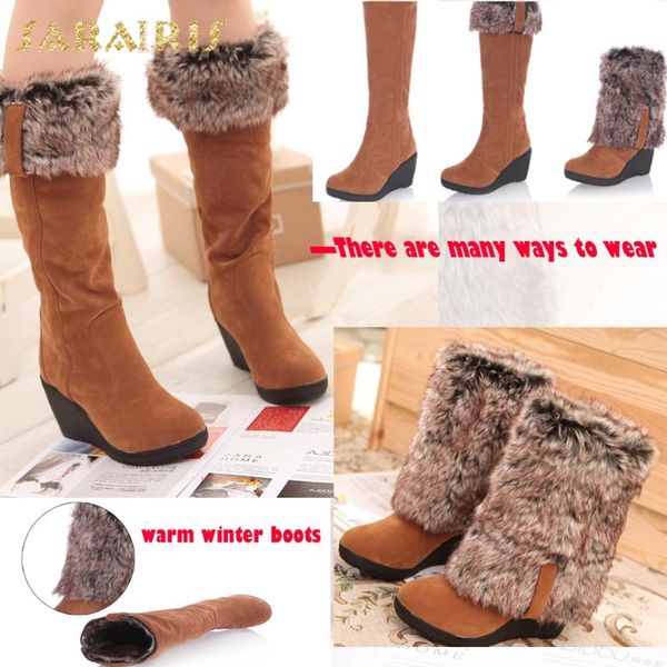 

boots large size 43 warm fur 3 styles winter women shoes platform wedges trendy fashion ins dropship knee high snow ladies, Black