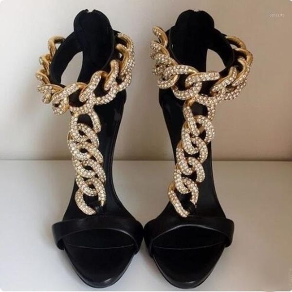 

t-strap chain high heel sandals gold metal studded gladiator heels sandals women peep toe cut-out shoes black plus size 101