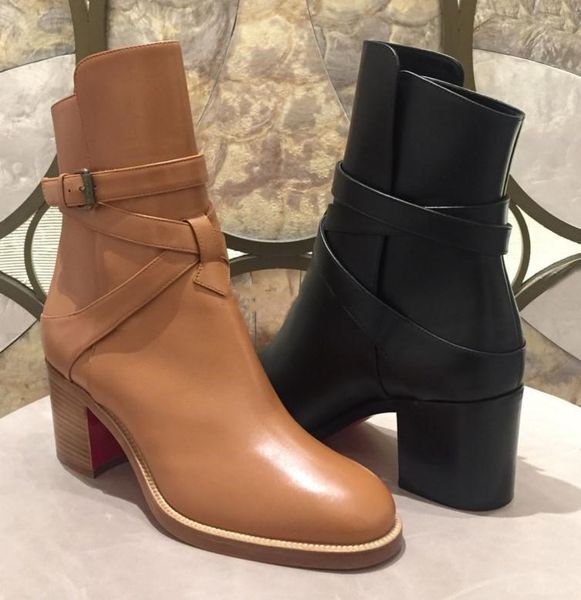 

ladys boots calfskin genuine leather red bottom boots for women karistrap bootie high block heel boot ankle boots with straps high heels, Black