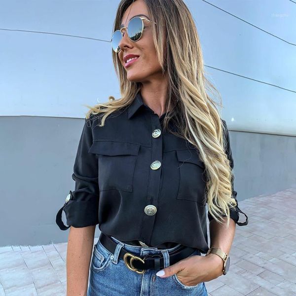 

vintage long sleeve pocket shirt for women autumn blouse turn down collar khaki white black shirt fashion female blusas d251
