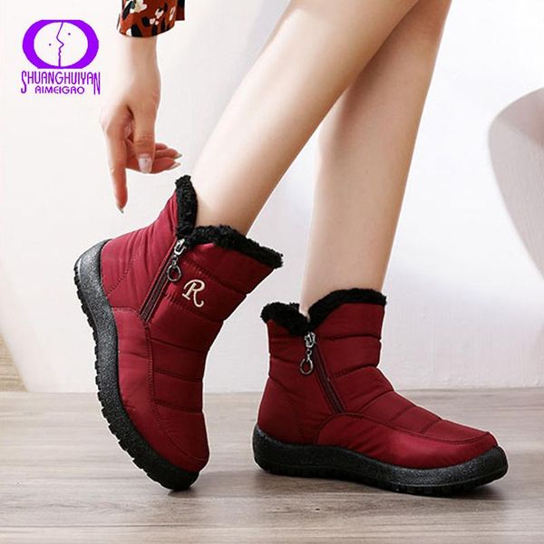 

aimeigao 2020 winter casual plus size cotton shoes women warm embroider snow boots female sewing round toe ankle boots woman zip, Black