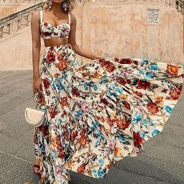 

two piece sets summer sleeve crop and floral print dress retro women sets boho maxi causal suits holiday beach chic vestido1, White