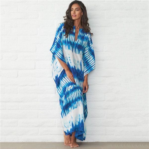 

blue bohemian striped bikini cover-up casual v-neck loose summer dress cotton tunic women beach wear bathing suit cover up q10601, White;black