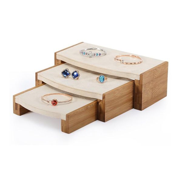

bamboo wood jewelry display blocks leather jewelry display holder earrings pendant bangle bracelets riser, Pink;blue
