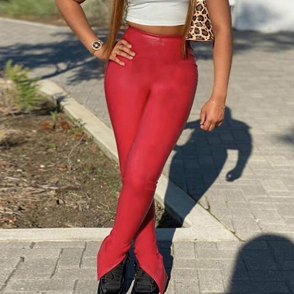 

tight faux pu leather women pencil pants side split bodycon high waist trouser black fashion fall stacked pants clothing g2112, Black;white