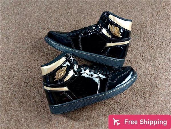 

2021 release authentic 1 high og black metallic gold patent leather men women dress shoes sports sneakers with box 555088-032