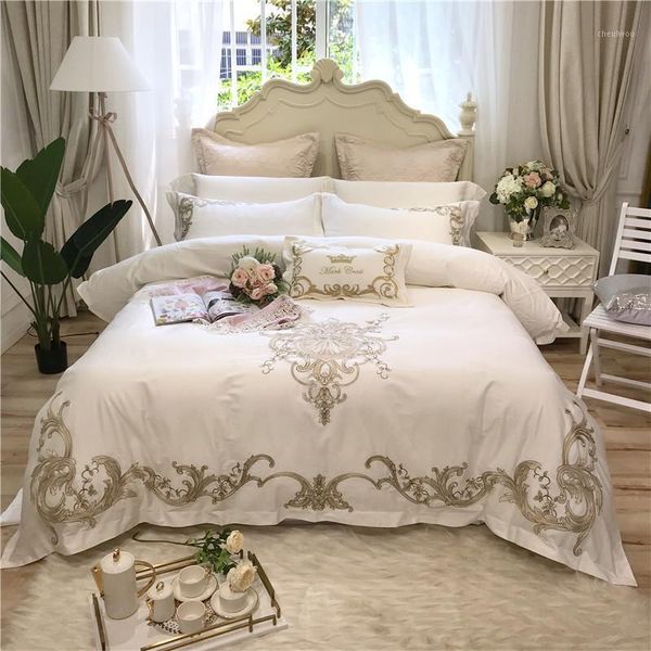 

34 4/7pcs luxury golden embroidery 80s egyptian cotton bedding set king  size duvet cover bed sheet pillowcases1
