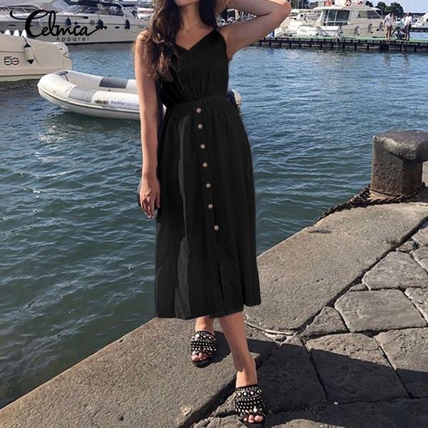 

celmia women vintage tunic long shirt dress high waist strap sleeveless summer beach sundress buttons casual solid vestidos1, Black;gray