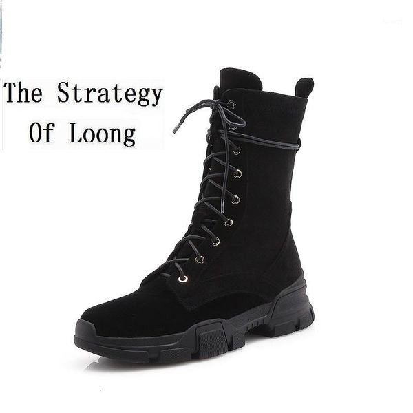 

spring autumn winter genuine leather mid-calf cross-tied women boots motorcycle boots lace-up sewing metal ladies shoes 202008121, Black