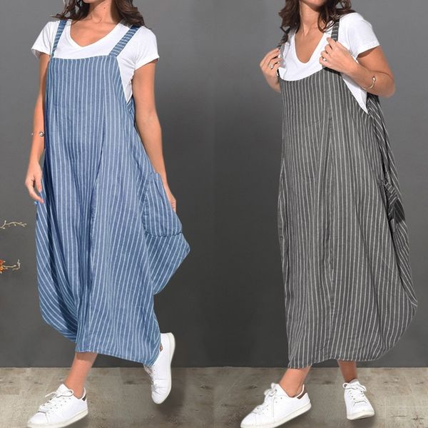 

zanzea summer women strappy pockets striped dress loose casual overalls dress ladies party sundress femme sarafans suspenders y200102, White;black
